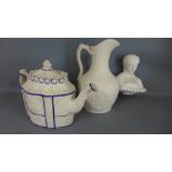 A late 19th century creamware tea pot - extensive damage and restoration to body - and a Parian