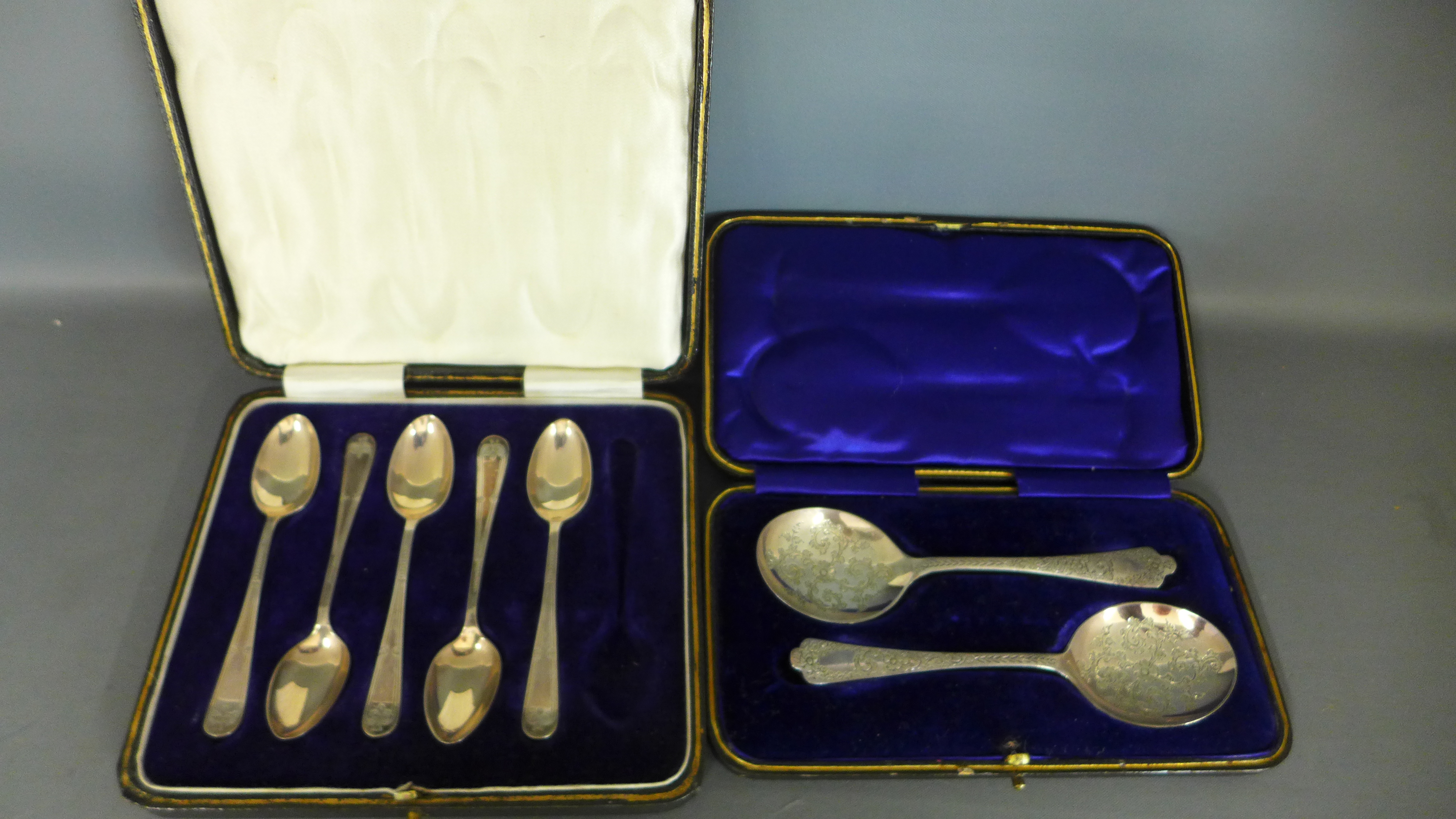 A pair of cased foliate engraved silver spoons hallmarked for Sheffield 1900/01 and a cased set of - Image 2 of 2