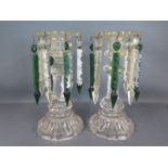 A pair of clear glass lustre's with alternate green and clear glass droppers - chips to bases and