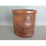 A Chinese bamboo brush pot carved with five oxon - Height 15cm - small worm hole with outer rim