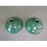 A pair of green metal industrial light shades both with corrosion - Diameter 40cm