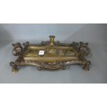 A 19th century bronze desk stand missing bottles - Width 32cm - bottle size approx 3cm square