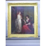 An oil on canvas - two women looking through content of a jewellery box by Robinson Elliott of