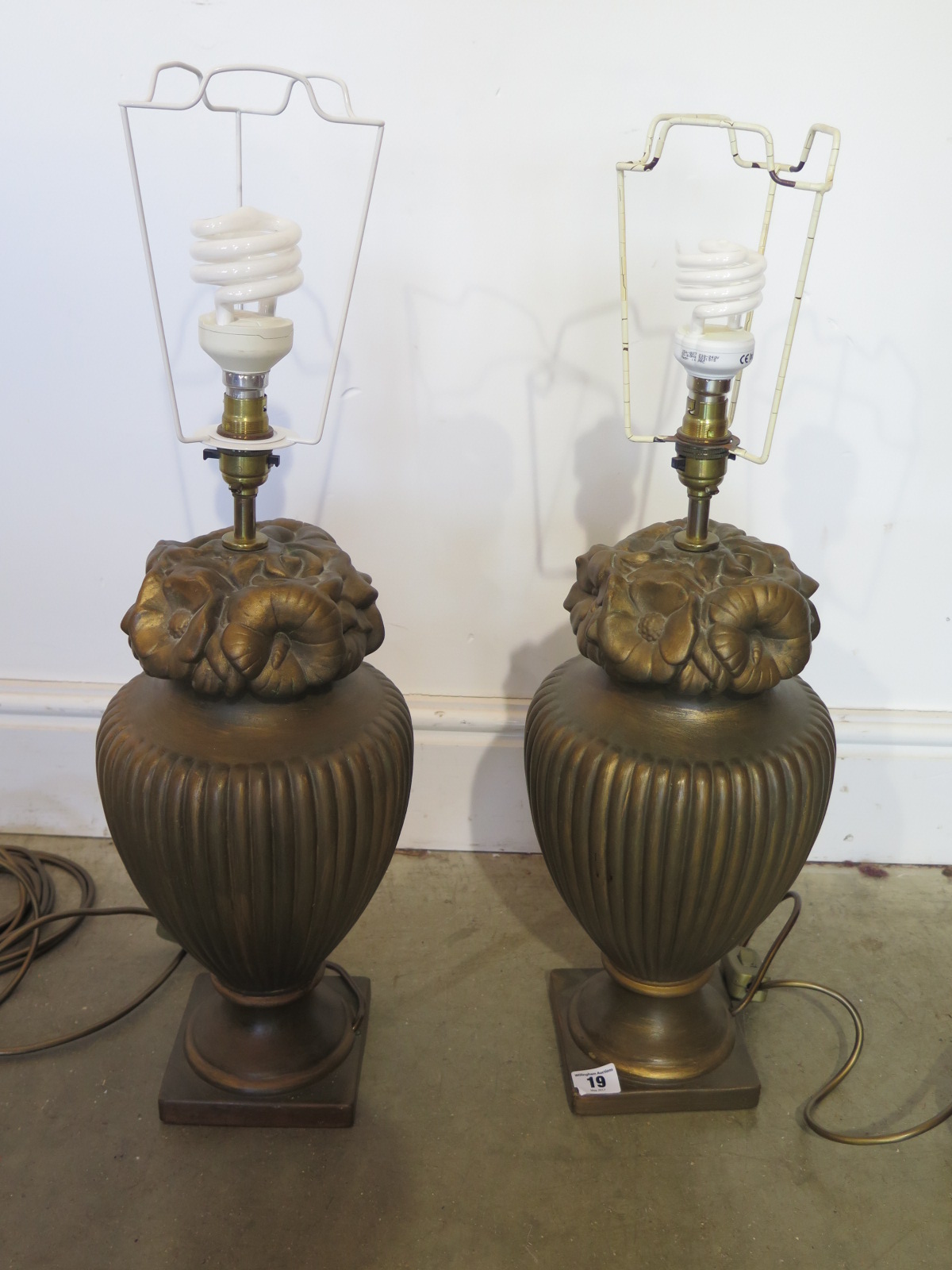 A pair of modern gilt flowering urn lamps - Height 66cm