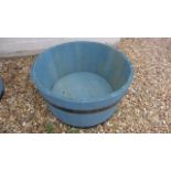 A blue barrel planter - Height 30cm x Diameter 57cm