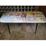A retro 1960's coffee table - Table top shows an interesting Hunting Scene depicting horses, hounds,