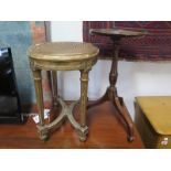 A Victorian gilt stool with a cane seat - Height 51cm x 50cm x 36cm and a mahogany tripod wine