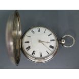 A silver cased Full Hunter pocket watch, white enamel dial with Roman numerals, fusee movement no.