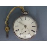 A silver cased open faced pocket watch, white enamel dial with Roman numerals,