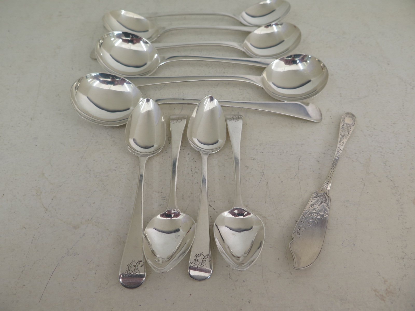 Six silver hallmarked soup spoons,