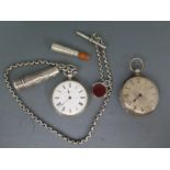 Two silver cased open faced pocket watches, one with white enamel dial and Roman numerals,