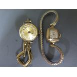 Two 9ct yellow gold cased ladies wristwatches one on a 1/10th 9ct gold strap - total weight approx