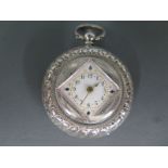 A Ladies silver cased and enamel dial pocket watch, Arabic numerals to dial, Continental .