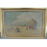 An oil on board Harvesting in the Field - signed bottom right La Economon - dated 1935 - 54cm x