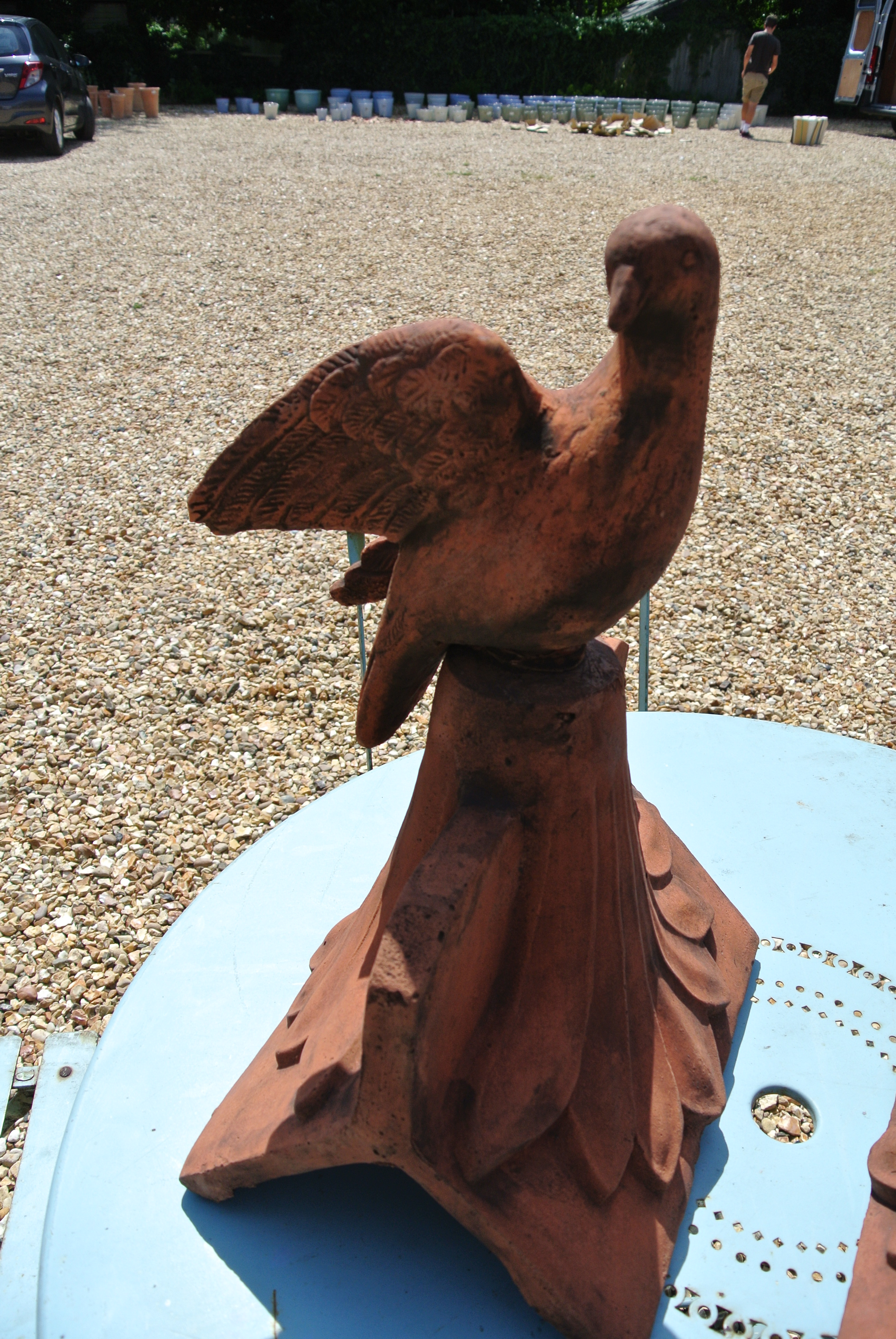 A Dove roof ridge tile - looking forwards - Width 24cm x Depth 31cm x Height 39cm