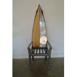 An unusual studio steel and wood high back chair - Height 165cm x 58cm x 51cm