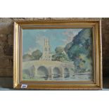 F T Hulbert - Bridge with a church by a river - Oil on Canvas 30cm x 40cm - signed