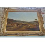 An oil on canvas landscape with cattle and figures to foreground,