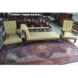 A late Victorian re upholstered chaise lounge and a pair of matching armchairs - chaise 186cm long
