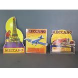 Three card counter signs for Meccano - Tallest 37cm - some staining to backs