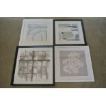 Four abstract design prints, three monochrome,