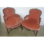 A pair of French beechwood upholstered armchairs recently re upholstered - Height 83cm x Width 63cm