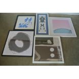 Five abstract prints of varying size and design