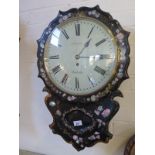 A 19th Century drop dial wall clock with mother of pearl inlay - the pointed 12" dial indistinctly