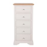 A new painted Aspen five drawer tallboy finished in a mushroom colour with an oak top - W56cm x