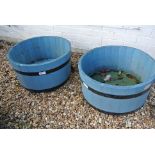 A pair of blue half barrel planters - 56cm diameter