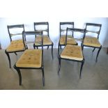 A Set of Six Ebonised Regency Chairs - with can seats and upholstered pads