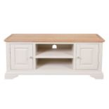 A new painted Aspen TV Unit - finished in a mushroom colour with an oak top - W125cm x D40cm x