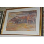 A Pastel on Paper of Dinosaurs by Michael Coot - 72 cm x 98 cm - in Gilt Frame - Monogram bottom