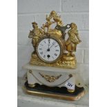 French 8 day clock with gilt figures of a man and lady on an alabaster base and plinth