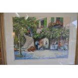 Anthony Orme watercolour - Mediterranean scene of people dining in a courtyard - in good