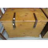 A 19th century stripped pine box featuring large metal straps - Width 73cm x Height 52cm - good