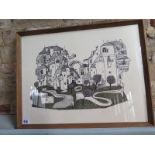 20th Century Dutch School Pen and Ink on Paper - Abstract town scene with monogram - how many faces