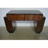 Art Deco Walnut two drawer writing table - two open bookcases each end - 84 cm tall x 138 cm x 48