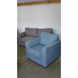 A grey modern DFS two seater sofa and single chair in blue