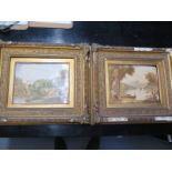 Two porcelain plaques in glass frames bearing river landscapes - 44cm x 38cm