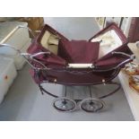 Early 20th Century Tansad Twin Dolls Pram - maroon colour - with shopping bag