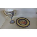 A Mintons lustre goblet - 20 cm tall and a Mintons fruit decorated plate - 23 cm diameter - signed