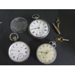 Two silver pocket watches and a base metal watch - none working