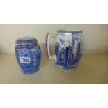 Rington's Tea advertising ware - Blue and white, jug and lidded vase,