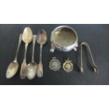 Four silver spoons, a salt and two silver watch fobs and a nip, approx 5.