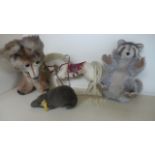 A Steiff Rat, a Steiff Racoon, a felt Horse and Toys with Hearts Fox - good condition,