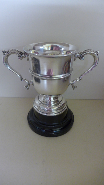 A silver twin handled trophy cup on stand - Chester 1913/14 - Maker HEB FEB - standing 19cm tall -