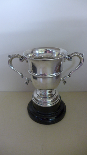 A silver twin handled trophy cup on stand - Chester 1913/14 - Maker HEB FEB - standing 19cm tall - - Image 2 of 4