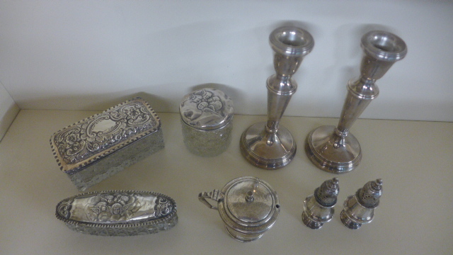 A pair of Silver Hallmarked Candlesticks, a pair of Peppers, a Mustard with blue glass liner, - Image 2 of 2