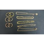 Three pairs of hoop earrings and five 9ct gold bracelets